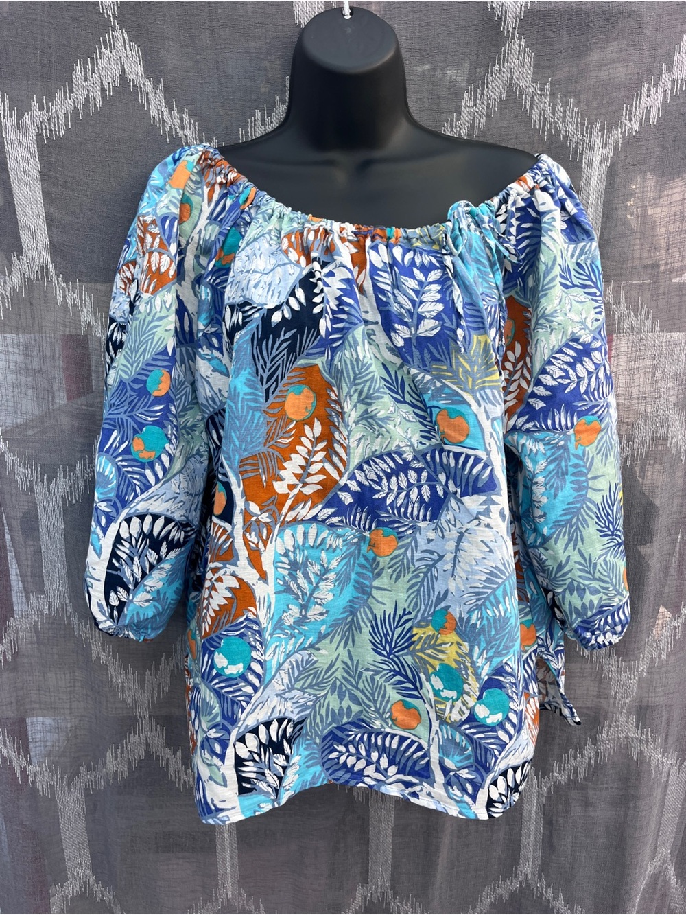 Off-Shoulder Botanical Print Blouse in Blue and Orange